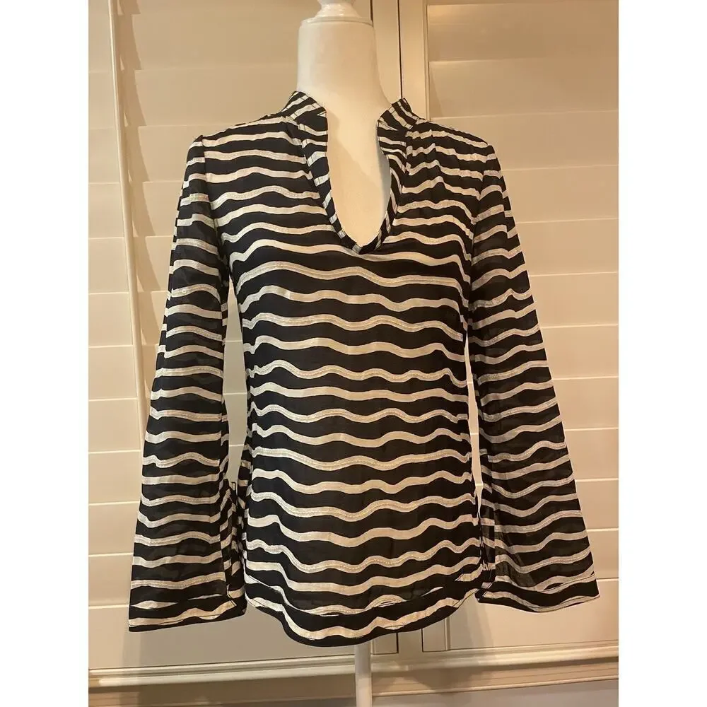 Tory Burch Sequined Tunic Top Navy White Striped Long Sleeve Blouse Popover 2 XS